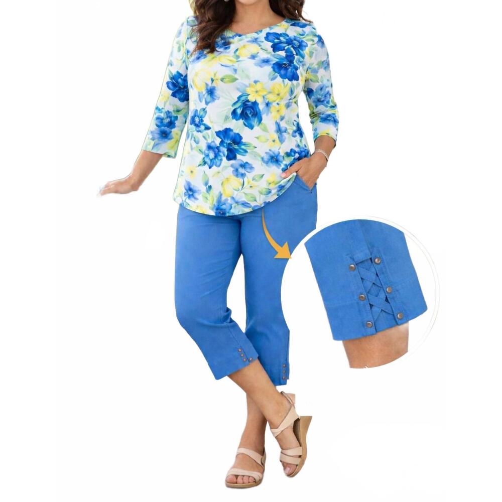 NEW N TOUCH lattice hem detailed capri in blue
